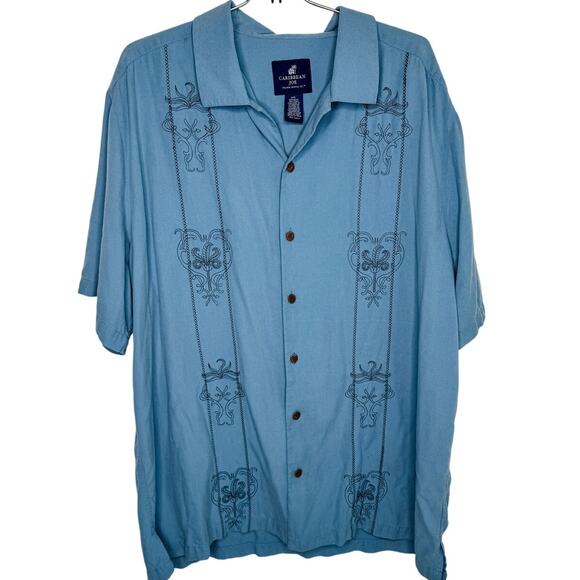 Vintage Caribbean Joe 100% silk embroidered button-down Hawaiian shirt size XXL - Picture 1 of 5
